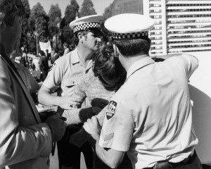 A protestor is arrested by the police at Anzac Day demo in Canberra 1981.