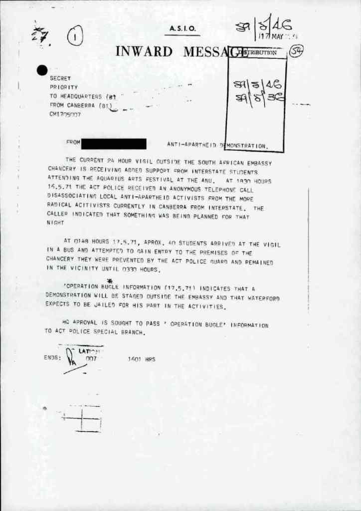 ASIO report on anti-Apartheid protest in May 1971